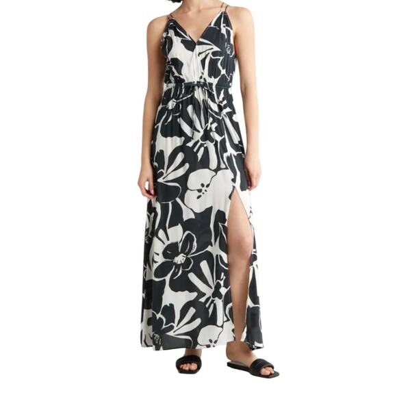 Elan Small Maren Maxi Dress Black White Front Slit Cruise Wear V Neck Boho Flowy - Picture 1 of 16